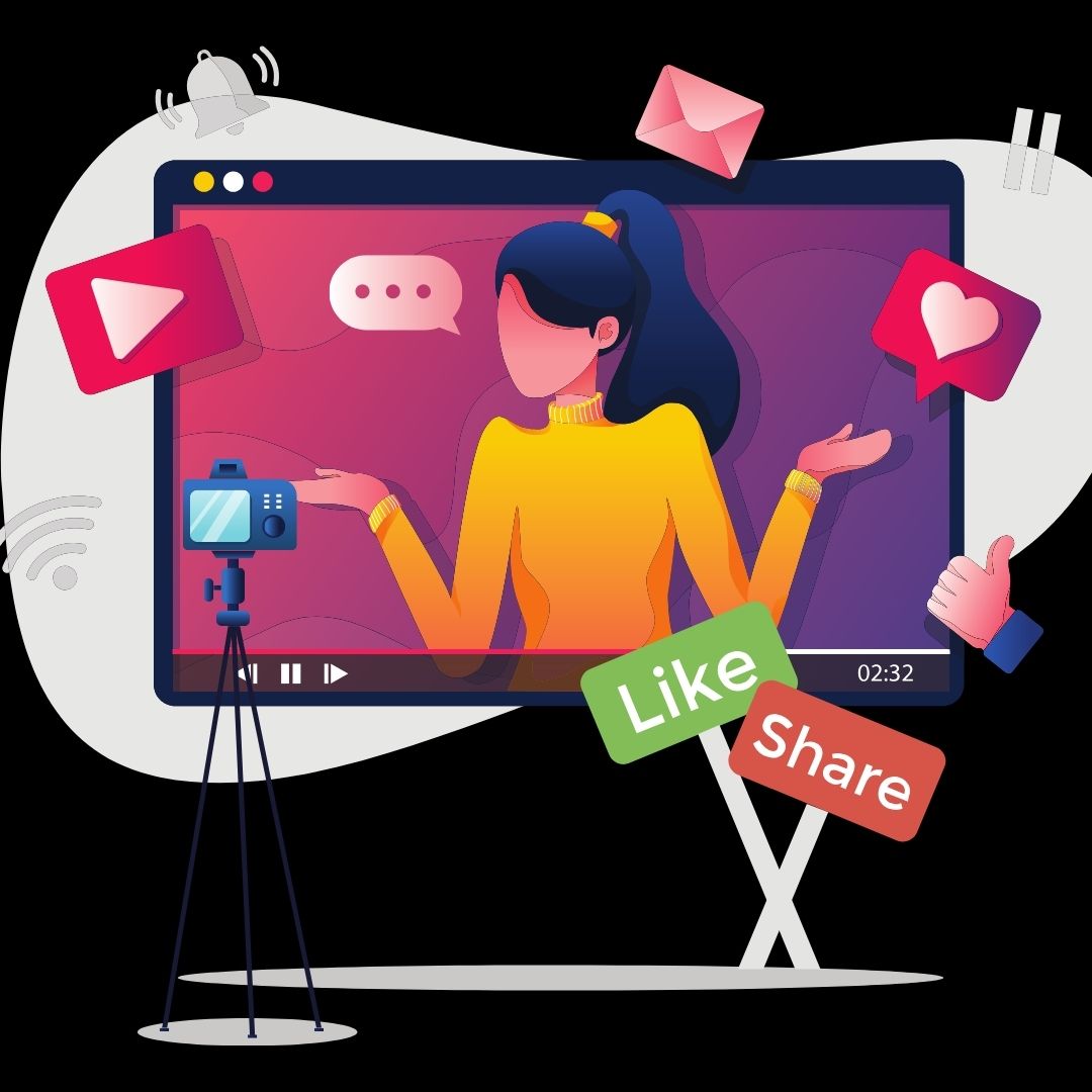 Cartoon image of girl presenting on YouTube with views and likes to rank on youtube